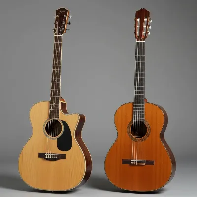 Comparing the distinct body shapes and sizes of acoustic and classical guitars, highlighting their structural differences