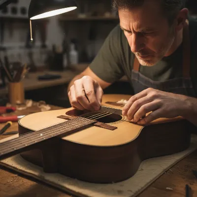 A luthier inspecting a lifting acoustic guitar bridge with a thin feeler gauge