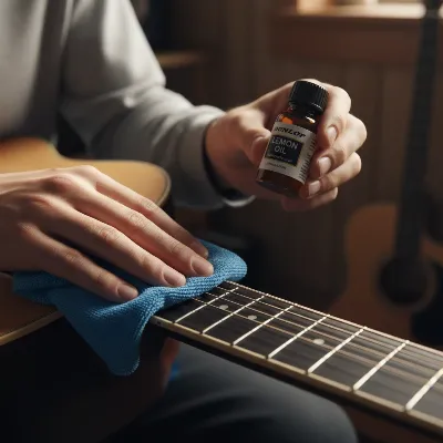 A person meticulously cleaning the fretboard of an acoustic guitar with a microfiber cloth and specialized oil, showcasing detail and care for the instrument's longevity.