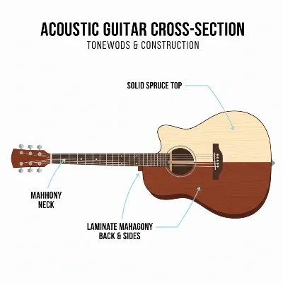 An infographic illustrating the different wood components of an acoustic guitar, distinguishing between solid top and laminate back and sides, with labels.