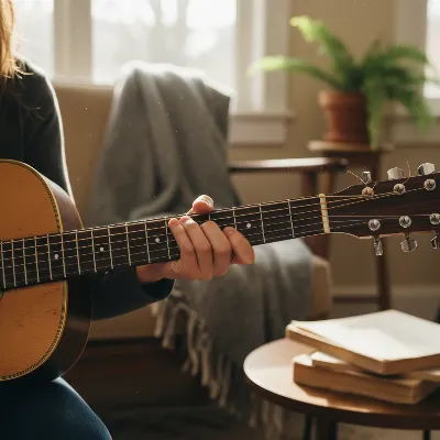 A close-up of a small-bodied acoustic guitar being played by hands that appear comfortable and relaxed, emphasizing ergonomic design