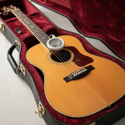 Acoustic guitar in a hard case with an in-case humidifier, highlighting careful winter storage.