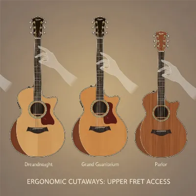 An illustration showing different acoustic guitar body styles (Dreadnought, Grand Auditorium, Parlor) with a clear emphasis on the cutaway feature.