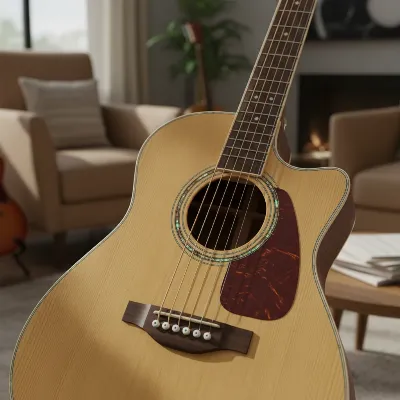 A close-up of a Fender CD-60S Dreadnought acoustic guitar, showcasing its solid spruce top with fine grain and a detailed rosette.
