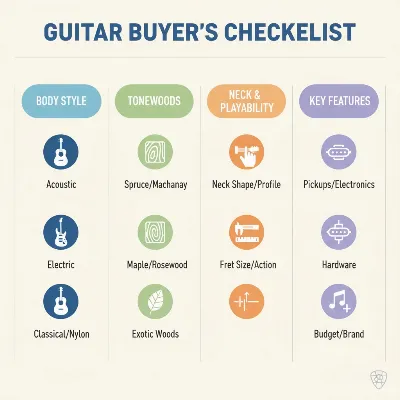 A detailed checklist for buying an acoustic or classical guitar, covering body style, tonewoods, neck, and playability