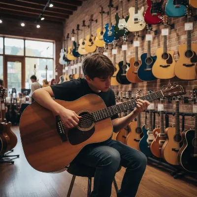 A person trying different acoustic guitar sizes in a music store, focusing on comfort for small hands