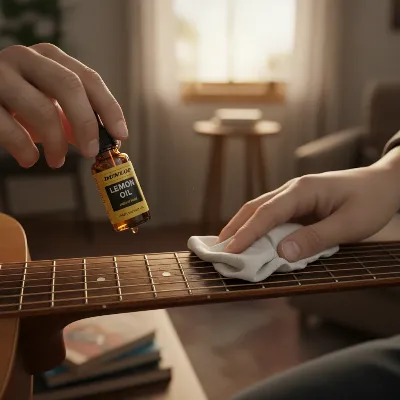 A person inspecting the fretboard of an acoustic guitar, applying fretboard oil for winter care.