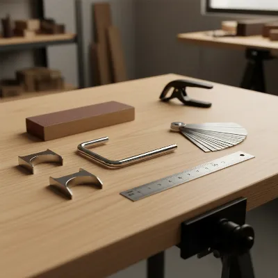 Assortment of guitar setup tools, including wrenches, gauges, and sandpaper, in a workshop setting, organized, bright lighting, realistic style