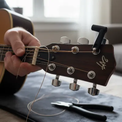 Close-up of hands installing new acoustic guitar strings on a headstock