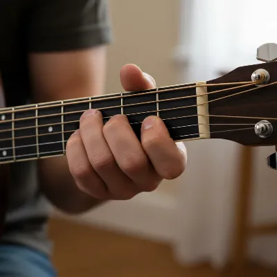 A guitarist's hands comfortably playing chords on the satin neck and ebony fretboard of a Martin D-28 acoustic guitar, focusing on the neck profile and finish.