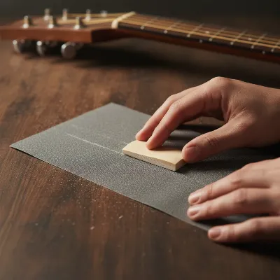 Hands carefully sanding an acoustic guitar saddle on a piece of sandpaper on a flat surface.
