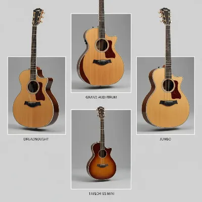 A collage showing the distinct body styles of acoustic guitars, including Dreadnought, Grand Auditorium, Parlor, Jumbo, and a Taylor GS Mini as a compact travel guitar, highlighting their size differences and unique shapes in a studio setting with warm, natural light and a clean background in an editorial photography style.