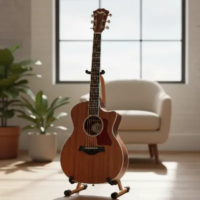 Taylor GS Mini-e Mahogany acoustic guitar on a stand, highlighting its compact size and beautiful wood grain.